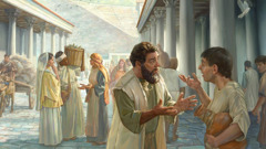 Early Christians preaching on a busy street in Ephesus.