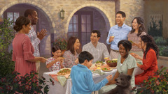 Les mêmes frères et sœurs, à l’exception du frère qui s’isolait, prennent un repas ensemble dans le paradis. Un jeune garçon donne à manger à un ourson.