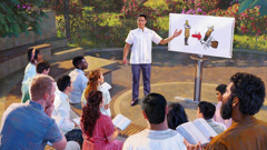 Un hermano enseña a los resucitados en el Paraíso. Señala a una pizarra con un dibujo de la imagen inmensa del capítulo 2 de Daniel.