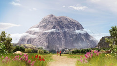 Rodičia s dcérkou sa pozerajú na obrovský skalný masív, ktorý je pred nimi.