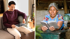 Serie de imágenes: 1. Un hombre usa una tableta para ver la Biblia en lengua de señas. 2. Una mujer mayor que vive en una zona rural lee la Biblia en papel en su idioma.