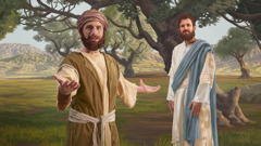 腓力一邊說話，一邊張開雙手。他的一隻手是指向耶穌的。