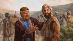 King David speaking to Zadok as David’s servants leave Jerusalem.