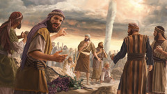 Joshua and Caleb pleading with angry Israelites who are about to stone them. The pillar of cloud is in the background.