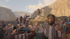 Moïse et Aaron se tiennent sur un rocher tandis que des Israélites en colère crient et les menacent du poing.
