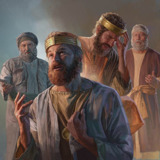 Serie de imágenes: 1. El rey David mira con remordimiento hacia el cielo mientras Natán le habla. 2. El rey Ezequías, afligido, apoya su rostro sobre la punta de sus dedos mientras Isaías le habla.