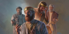 Conjunto de imagens: 1. O rei Davi olha para o céu arrependido enquanto Natã fala com ele. 2. O rei Ezequias com a mão na testa aflito enquanto Isaías fala com ele.