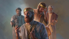 Kolazh: 1. Ndërsa Natani i flet, mbreti David kthen sytë nga qielli i penduar. 2. Ndërsa Isaia i flet, mbreti Hezekia zë kokën me duar i pikëlluar.
