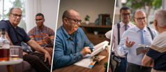 Collage: 1. A young elder speaks with a brother while the brother looks at a bottle and a partly-filled glass of alcohol. 2. The brother does research using the Bible and lesson 43 of the “Enjoy Life Forever!” book. 3. The young elder and the brother work together in the house-to-house ministry.