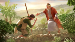 The lost son of Jesus’ parable, bowing before his father, who is rushing to embrace him.