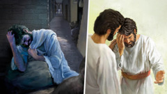 Conjunto de imagens: 1. O apóstolo Pedro chora com muita dor no coração. 2. Jesus, já ressuscitado, consola Pedro.