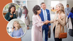 Collage: 1. A sister phones a woman who was removed from the congregation and invites her to a congregation meeting. 2. The sister and her husband warmly greet the woman at the meeting.