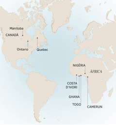 Un mapa que mostra alguns dels llocs on l’André ha viscut i servit: Manitoba, Ontario i Quebec (al Canada); Camerun, Costa d’Ivori, Ghana, Nigèria, i Togo (a l’Àfrica).