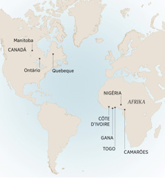 I mapa wu kombako a matshamu yo kari lawa André a hanyileko ni ku tira ka wona: Manitoba, ni Ontário, ni Quebeque, ni Canadá; ni Camarões, ni Côte d’Ivoire, ni Gana, ni Nigéria, ni Togo, ni Afrika.