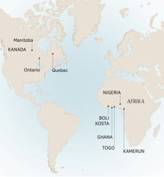 Mapa batean, André bizi izan zeneko eta bertan zerbitzatzen aritu zeneko toki batzuk agertzen dira: Manitoba, Ontario eta Quebec, Kanadan; Kamerun, Boli Kosta, Ghana, Nigeria eta Togo, Afrikan.