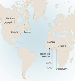 Mapa lowu kombisaka tindhawu tin’wani leti makwerhu André a nga tirhela ka tona: Manitoba, Ontário ni Quebec, Canadá; Camarões, Costa do Marfim, Gana, Nigéri ni Togo, Afrika.