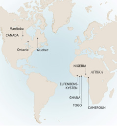 Et kort der viser nogle af de steder hvor André har boet: Manitoba, Ontario og Quebec i Canada; Cameroun, Elfenbenskysten, Ghana, Nigeria og Togo i Afrika.