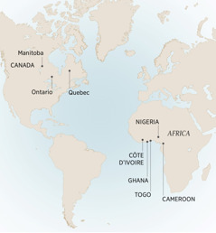 A map showing some of the places where André lived and served: Manitoba, Ontario, and Quebec, Canada; Cameroon, Côte d’Ivoire, Ghana, Nigeria, and Togo, Africa.