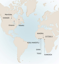 Aban mapa to ñein lubéi láfuacha ageiraü le ñein lubéi lawinwanda luma le ñein lubéi leseriwida André: Manitoba, Ontario luma Kebekü (Kanadá); Kamerún, Kosu lani Marüfíli, Gana, Niheria luma Togo (Áfürika).