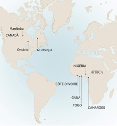 Mapa yimmonisa bibuangu yaya André kazingila ayi kasadila: Manitoba, Ontário, Quebeque, Canadá; Camarões, Côte d’Ivoire, Gana, Nigéria, Togo ayi África.