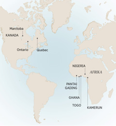 Sebuah peta yang menunjukkan tempat-tempat André pernah tinggal dan melayani: Manitoba, Ontario, dan Quebec, Kanada; Kamerun, Pantai Gading, Ghana, Nigeria, dan Togo, Afrika.