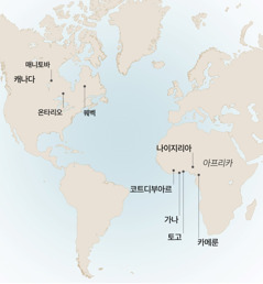 앙드레 형제가 봉사하면서 살았던 일부 지역을 보여 주는 지도: 캐나다의 매니토바, 온타리오, 퀘벡; 아프리카의 카메룬, 코트디부아르, 가나, 나이지리아, 토고.