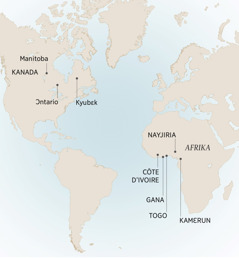 Wan map we de sho sɔm ples dɛn usay Andre bin de ɛn sav: Manitoba, Ɔntario, ɛn Kyubɛk, Kanada; Kamɛrun, Côte d’Ivoire, Gana, Nayjiria, ɛn Togo, Afrika.