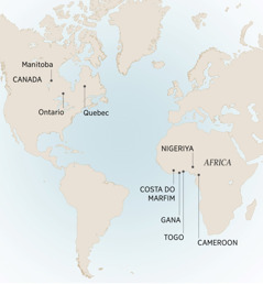 Mapa ooni-a mamburo enango wakala André na watumikela liye: Manitoba, Ontario, na Quebec, Canada; Cameroon, Costa do marfim, Gana, Nigeriya, na Togo, Africa.