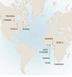 Hartă cu câteva dintre locurile în care a locuit și a slujit André: Manitoba, Ontario și Québec, Canada; Camerun, Côte d’Ivoire, Ghana, Nigeria și Togo, Africa.