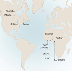 Karti ya ke monisa mwa bisika yina mpangi André zingaka mpi salaka: Manitoba, Ontario mpi Québec na Canada; Cameroun, Côte d’Ivoire, Ghana, Nigéria mpi Togo na Afrika.