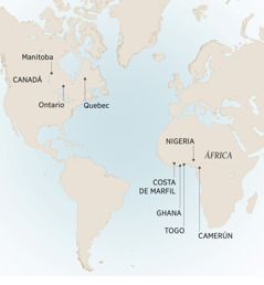 Quiñe mapa pengelquelu quiñeque pais tañi mülequefel André: Manitoba, Ontario, and Quebec, Canadá; Camerún, Costa de Marfil, Ghana, Nigeria, Togo, África.