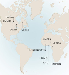 Et kart som viser noen av de stedene André bodde og tjente: Manitoba i Ontario og Quebec i Canada; Elfenbenskysten, Ghana, Kamerun, Nigeria og Togo i Afrika.