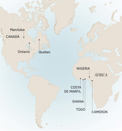 Itech nin mapa mota kanin otlapaleui André: Manitoba, Ontario, Quebec tlen kajki Canadá, Camerún, Costa de Marfil, Ghana, Nigeria uan Togo tlen kajki África.