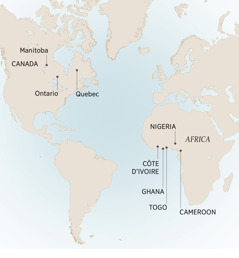 Nanengneng ed sayan mapa iray lugar ya nanayaman tan nanlingkoran nen André: Manitoba, Ontario, tan Quebec, Canada; Cameroon, Côte d’Ivoire, Ghana, Nigeria, tan Togo, Africa.