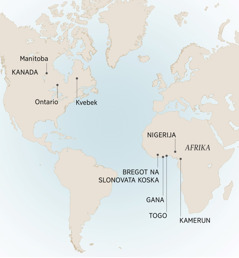 Karta ki koja soj sikavde nesave thana kote so o Andre živingja hem služingja: Manitoba, Ontario hem Kvebek (Kanada); Kamerun, Bregot na Slonovata Koska, Gana, Nigerija hem Togo (Afrika).