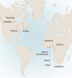 Ki mapa tane mothovde disave thana kuri o Andre živinđa hem služinđa: Manitoba, Ontario hem Kvibek, Kanada, Kamerum, Obala Slonovače, Gana, Nigerija hem Togo, Afrika.