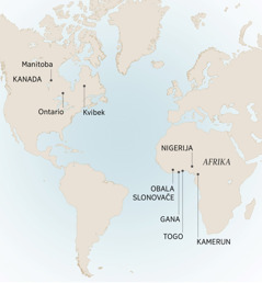 Karta na kojoj su prikazana neka mesta gde je Andre živeo i propovedao: Kvibek, Manitoba i Ontario, u Kanadi; Gana, Kamerun, Nigerija, Obala Slonovače i Togo, u Africi.