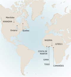 Mapa ali kupangiza mbuto zidakhala André na kutumikira: Manitoba, Ontario na Quebec, Kanadha; Camarões, Costa de Marfim, Gana, Nigeria na Togo, Afrika.