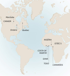 Mapa wecipangidza mbuto dzinganani dzakaseenzwa uye dzakararama André: Manitoba, Ontário, uye Quebec, Canadá; Camarões, Costa de Marfim, Gana, Nigéria, uye Togo, África.