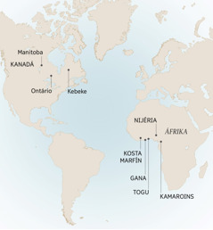 Mapa neʼebé hatudu fatin oioin neʼebé André hela no serbí: Manitoba, Ontário no Kebeke iha Kanadá; Kamaroins, Kosta Marfín, Gana, Nijéria, no Togu iha Áfrika.