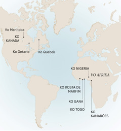 O mapa yimue yi lekisa ovitumalo vimue kuna manji André a kala loku a vumbila: Ko Manitoba, ko Ontario, ko Quebek, ko Kanada; Kamerões, ko Kôte d’Ivoire, ko Gana, ko Nigeria, kuenda ko Togo, vo Afrika.