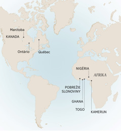 Na mape sú niektoré mestá, kde André žil a slúžil: Manitoba, Ontário a Québec v Kanade a Ghana, Kamerun, Nigéria, Pobrežie Slonoviny a Togo v Afrike.