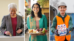 Collage: Brothers and sisters giving joyfully. 1. A sister places a donation in a contribution box. 2. A sister holds a basket of fruits and vegetables. 3. A brother distributes bottles of water.