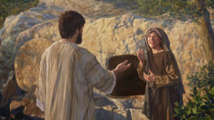 The resurrected Jesus speaking to Mary Magdalene outside an empty tomb.