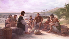 Jesus talking to his disciples on the seashore while fish cook over a fire.