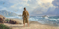 The prophet Jonah standing on the seashore, looking toward the heavens. He is dripping wet.