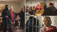 Collage: An older sister being treated unjustly. 1. She remains calm as a masked officer leads her away in handcuffs and another officer ransacks her home. 2. She speaks respectfully in court to the judge. 3. She prays in her prison cell as a guard stands just outside the cell.