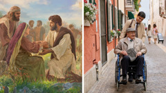 Ensemble d’illustrations : 1. Jésus réconforte une femme et lui parle avec compassion. 2. Un jeune assistant aide un frère âgé en fauteuil roulant à prêcher.