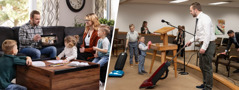 Collage: 1. A father conducts family worship with his wife and young children. They watch the video “Become Jehovah’s Friend​—Love Jehovah’s House” on jw.org. 2. Later, the father along with his two sons help clean the Kingdom Hall. The father and one of the sons vacuum while the other son helps with dusting.