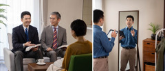 Collage: 1. A ministerial servant and an elder visit a sister at her home. Their Bibles are open as the ministerial servant speaks to her. 2. The ministerial servant practices his talk in front of a mirror.